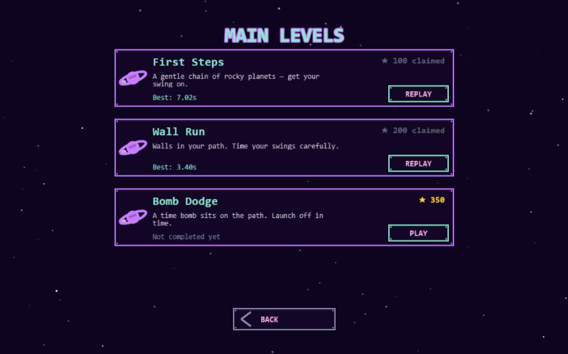 Levels menu